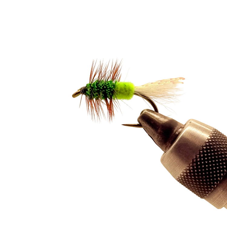 Green Machine fly fishing lure with green tuft and brown hook