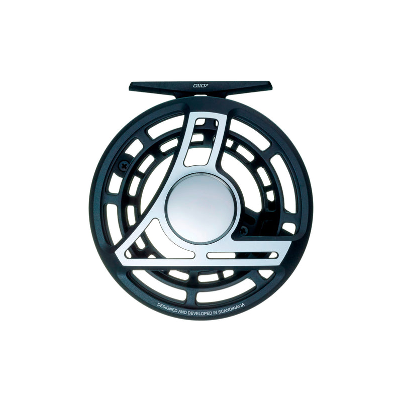 Load image into Gallery viewer, Fishing reel front view with dark blue/black frame and silver spool center.
