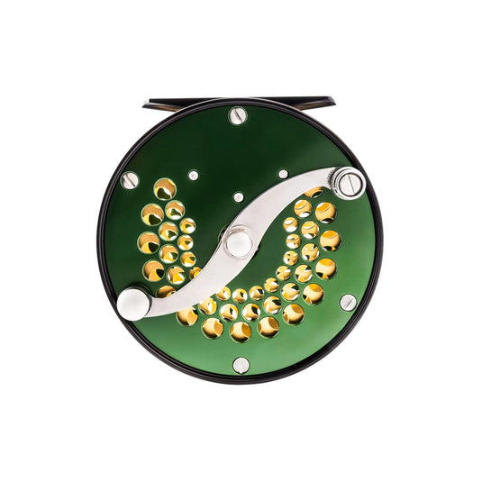 Loop Classic Series reel with green face, silver handle, and gold dot cluster
