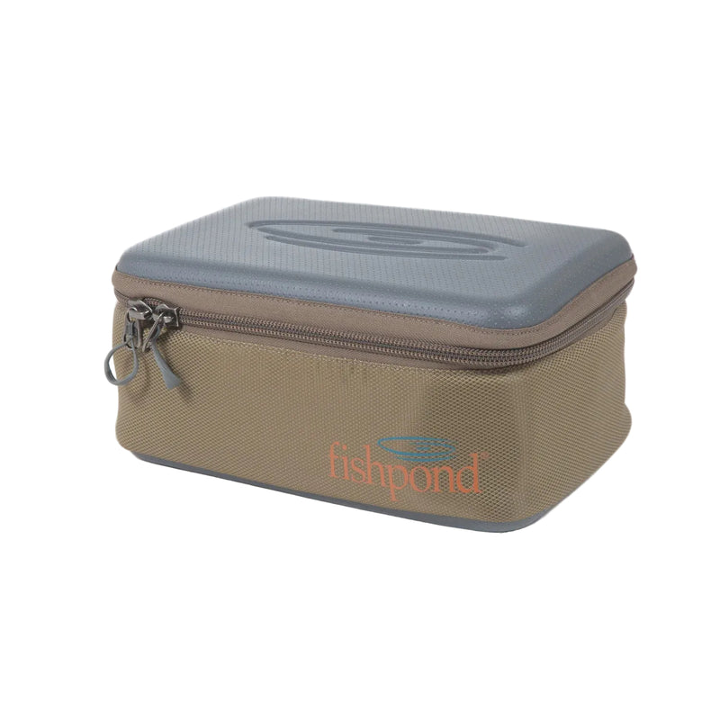 Load image into Gallery viewer, Large Fishpond Ripple reel case, tan/gray zip-top with loop handle
