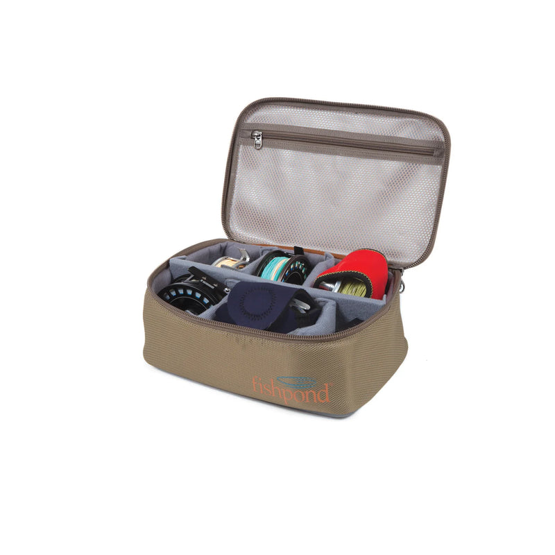Load image into Gallery viewer, Large Fishpond Ripple reel case, open top with mesh panel and reels inside
