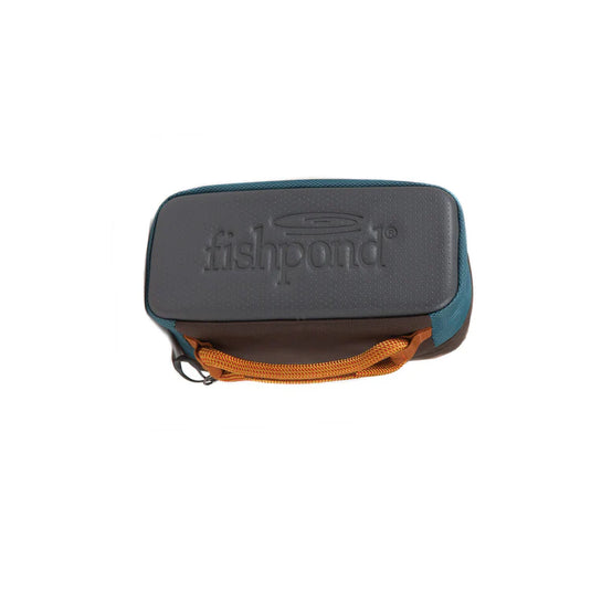 Medium Fishpond reel case with teal side panels, brown zipper pull, and embossed logo