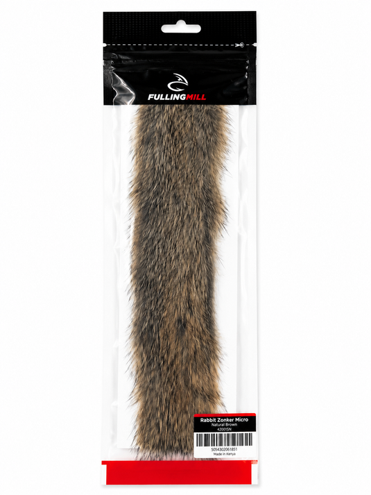 Micro rabbit zonker fur strip in mottled brown, sealed in a hanging pouch