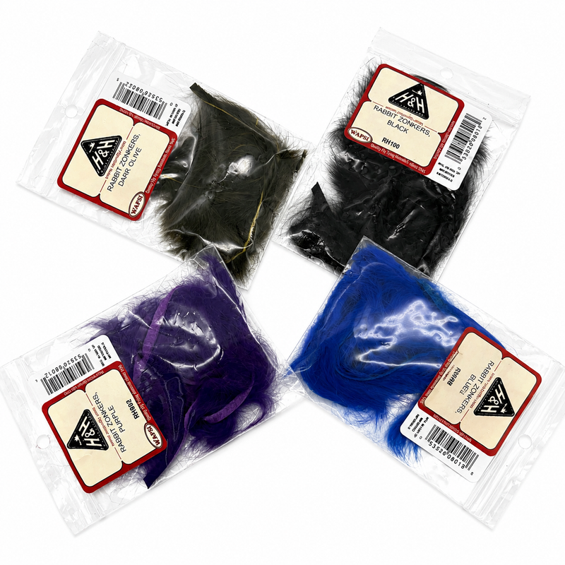 Load image into Gallery viewer, Assorted rabbit zonker strips in sealed packets, black, olive, purple, blue
