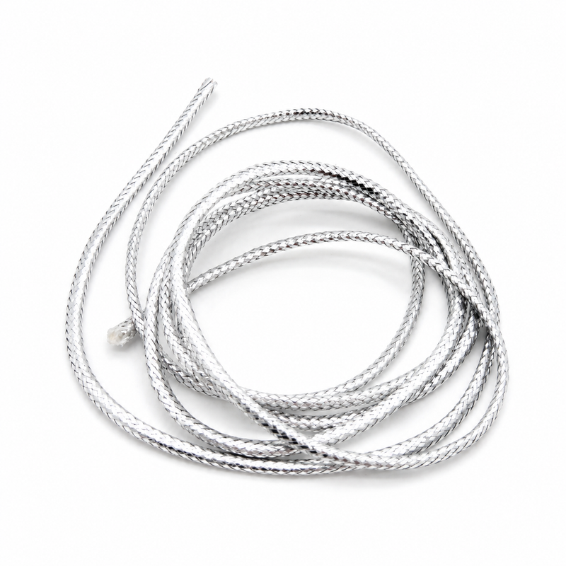 Load image into Gallery viewer, Silver mylar piping cord set with coiled lengths and small frayed tips
