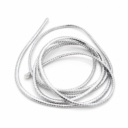 Silver mylar piping cord set with coiled lengths and small frayed tips