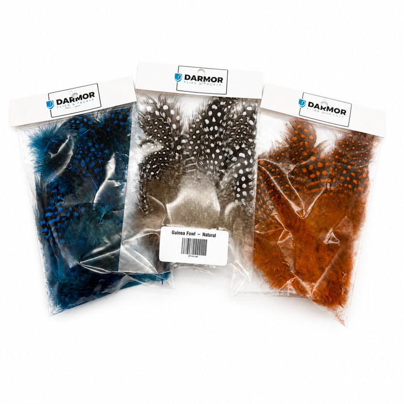 Load image into Gallery viewer, Guinea fowl feather packs in natural, blue, and orange, 3 g each.
