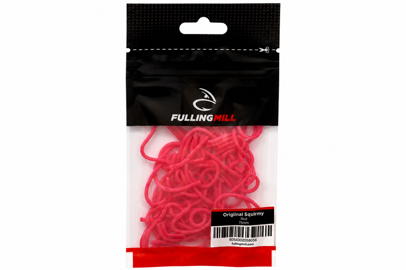Load image into Gallery viewer, Red squirmy fishing lure loops in retail bag
