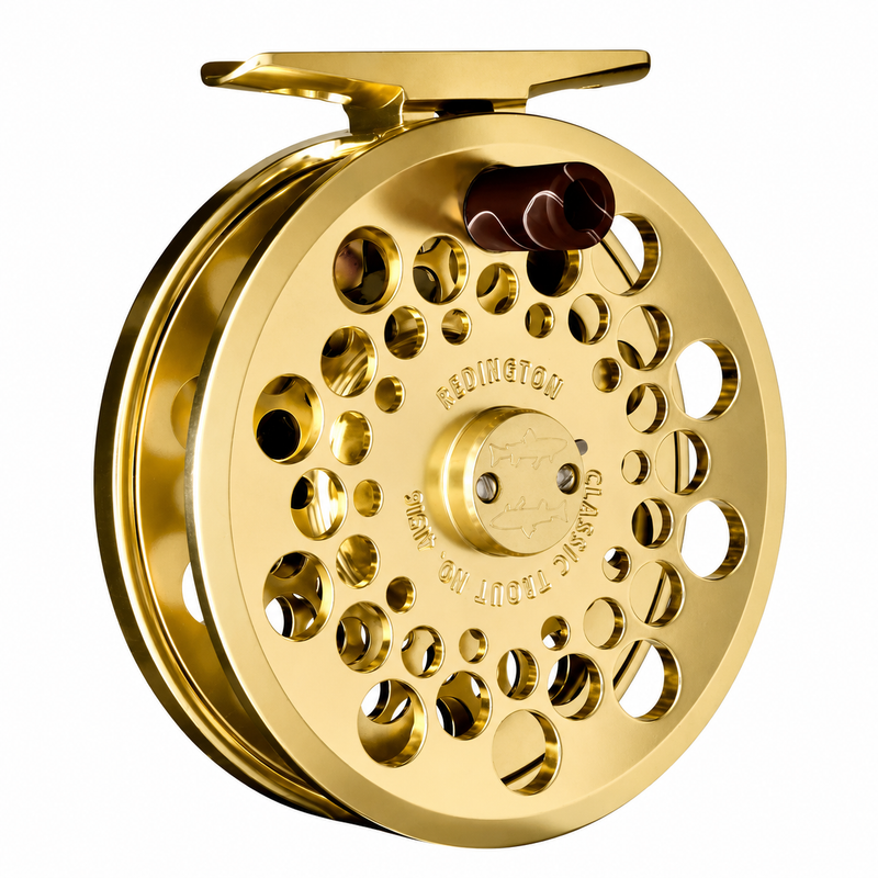 Load image into Gallery viewer, Gold fishing reel with perforated spool and dark handle knob, angled view
