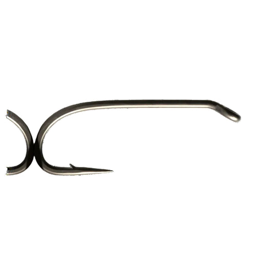 Mustad heavy nymph fishing hook, dark steel metal, barbed