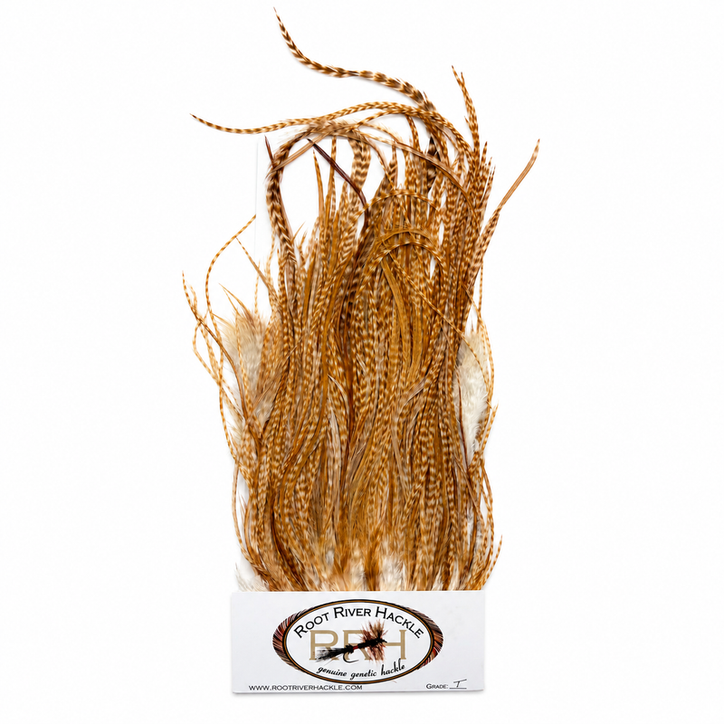 Load image into Gallery viewer, Root River Saddle feather tuft in golden tan and light cream fibers
