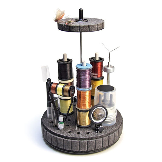 Rotary tool stand with gray base and mounted accessory spools