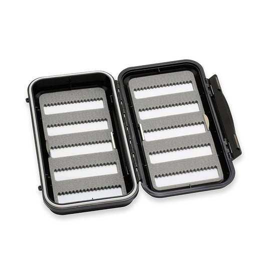 Large fly storage case opened, showing molded slots with light gray liners