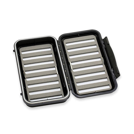 Large standard fly case, open with two foam-lined sections for flies