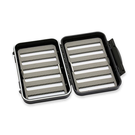 Black medium fly case, open with multiple foam fly slots and metal bars