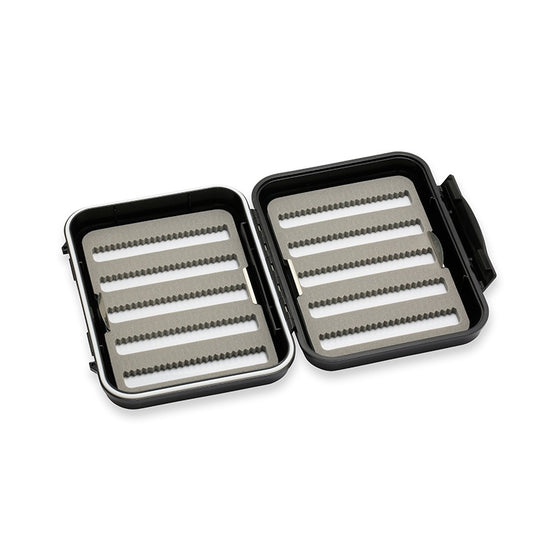 Small fly case, open with foam insert and multiple hook rows