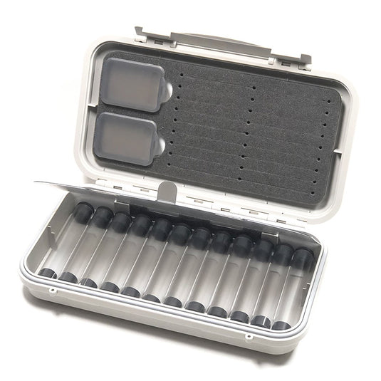 Tube fly case with foam insert and open tube-fly compartment, assorted silver tubes