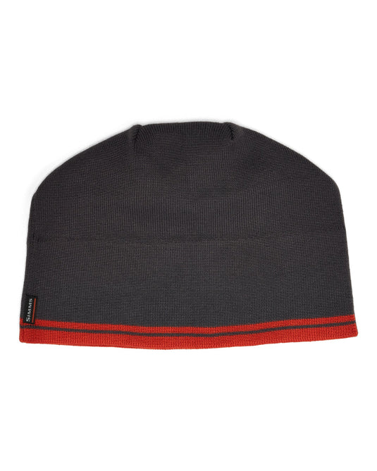 Everyday beanie in dark charcoal knit with red-orange stripe at the cuff