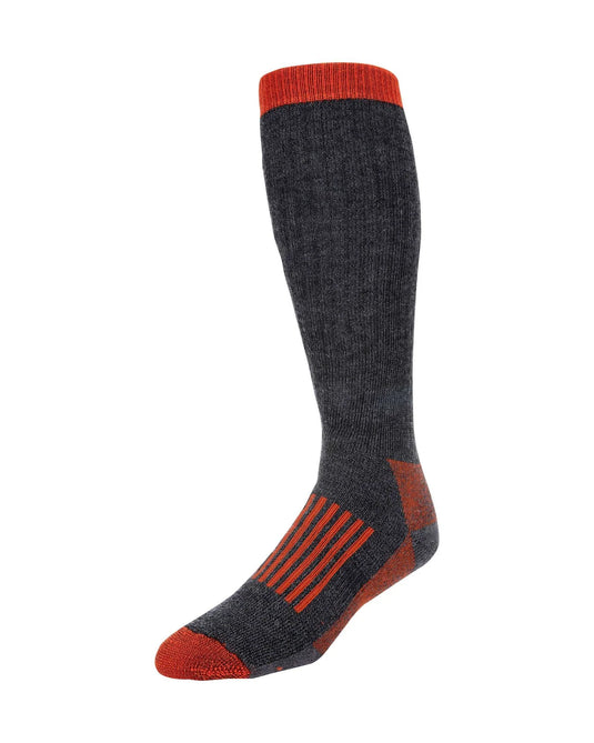Over-the-calf merino thermal socks, dark charcoal with red cuff and heel-toe stripes