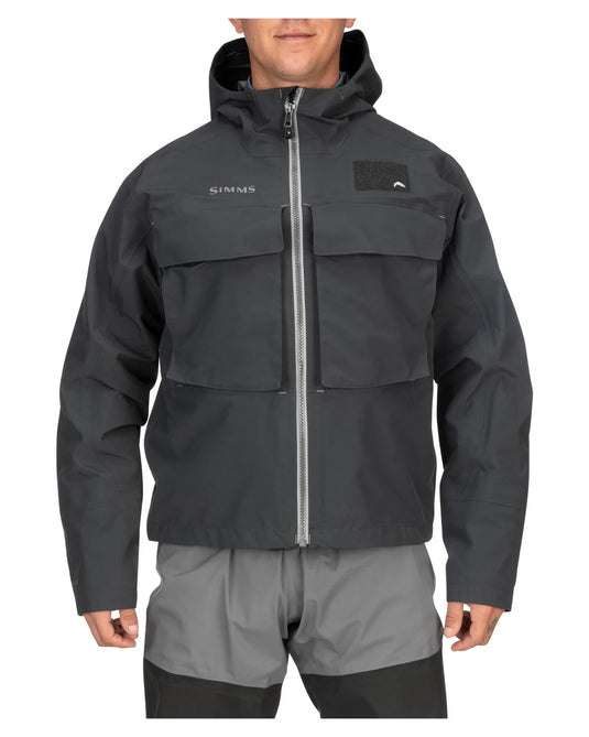 Men's dark hooded jacket, full-length zipper and two chest flap pockets