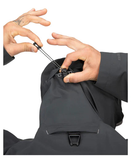 Load image into Gallery viewer, Dark jacket front zipper area with hood cinch and clasp detail
