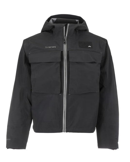 Men's dark hooded jacket with full front zipper and chest flap pockets