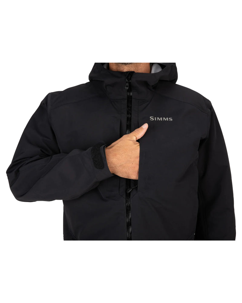 Load image into Gallery viewer, Black hooded jacket with center front zipper and Simms chest logo
