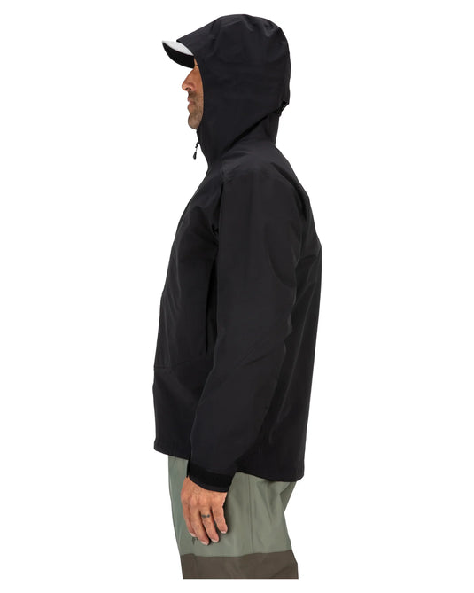 Black hooded men's jacket with full-zip front, side profile