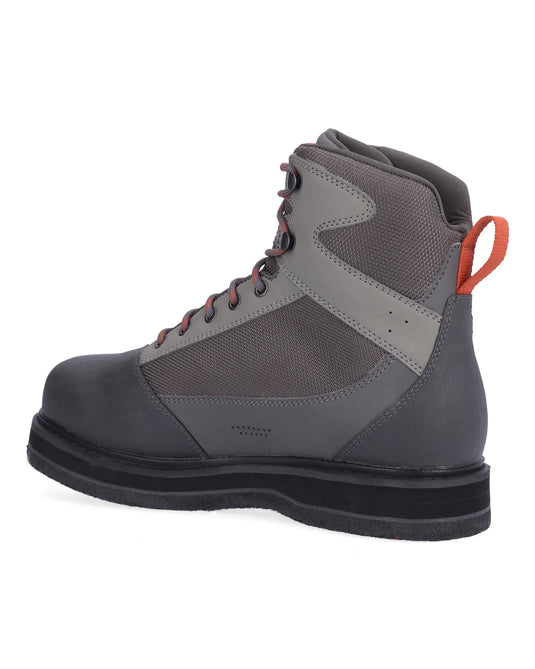 Felt work boot in dark grey with orange lace accents and black outsole