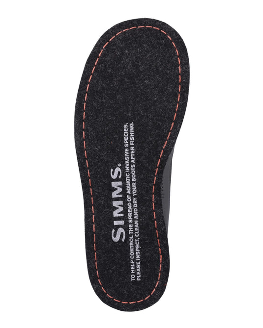 Felt boot insole with red stitching and embossed branding text on dark base