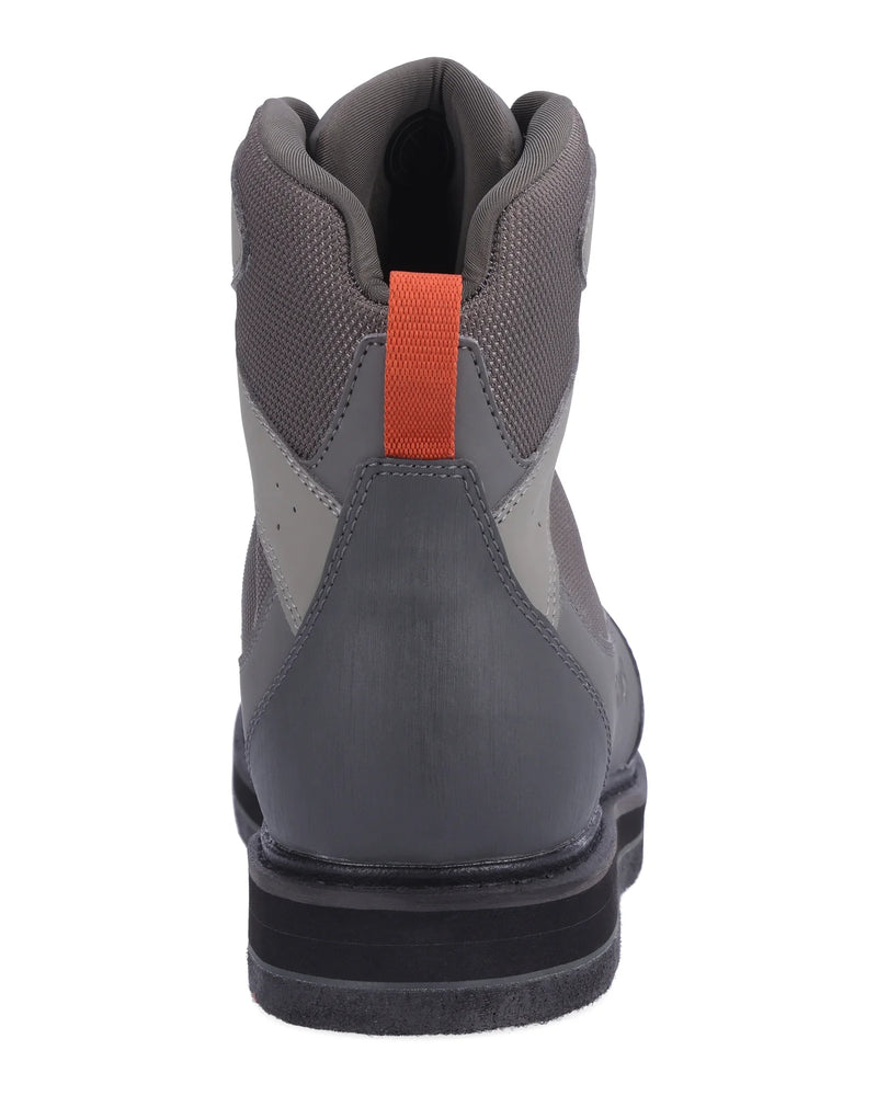 Load image into Gallery viewer, Felt work boot back view in dark grey with orange heel pull tab and black sole
