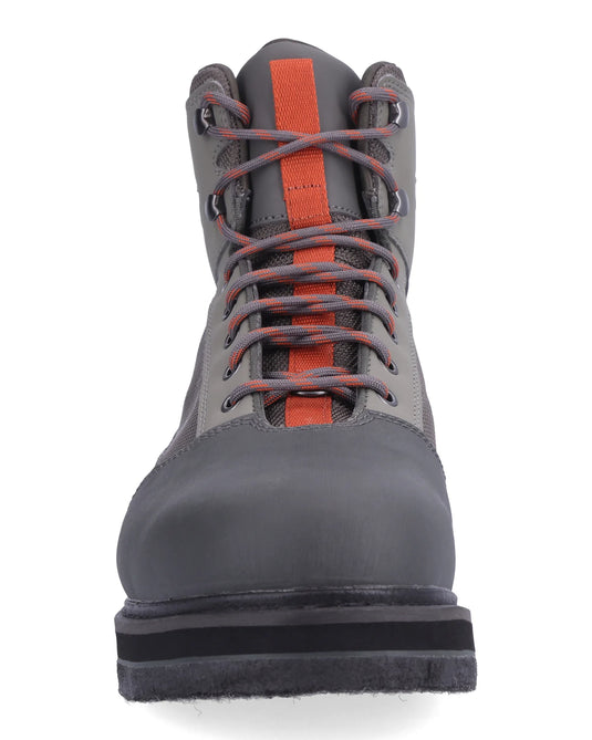 Felt work boot front view in dark grey with orange laces and orange tongue tab