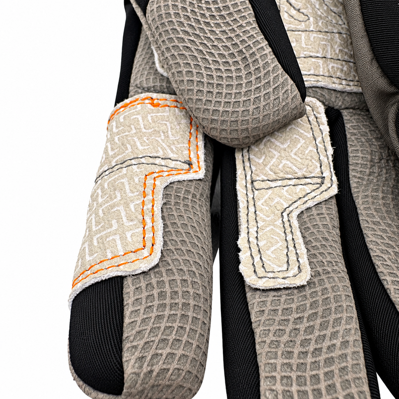 Load image into Gallery viewer, Simms G4 gloves close-up, gray textured panels with stitched orange-trim overlays
