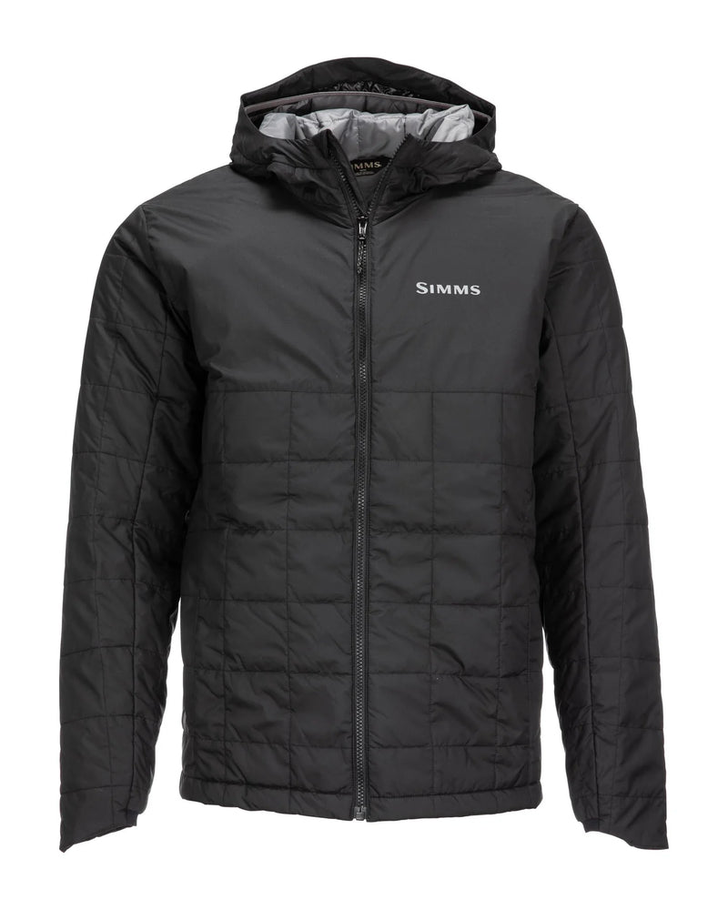 Load image into Gallery viewer, Men's black hooded puffer run jacket with front zipper and Simms chest logo
