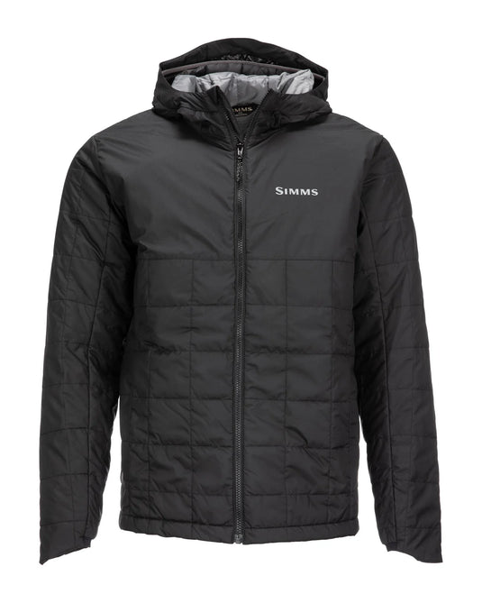 Men's black hooded puffer run jacket with front zipper and Simms chest logo
