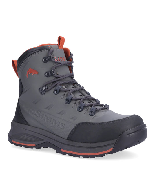 Simms Freestone rubber-sole boot, gray upper, orange accents, lace-up.