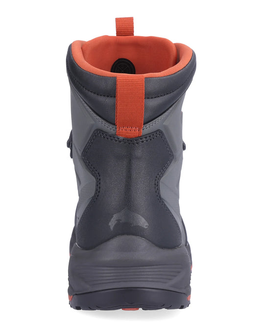 Simms Freestone boot back view, gray heel with orange pull tab and loop.