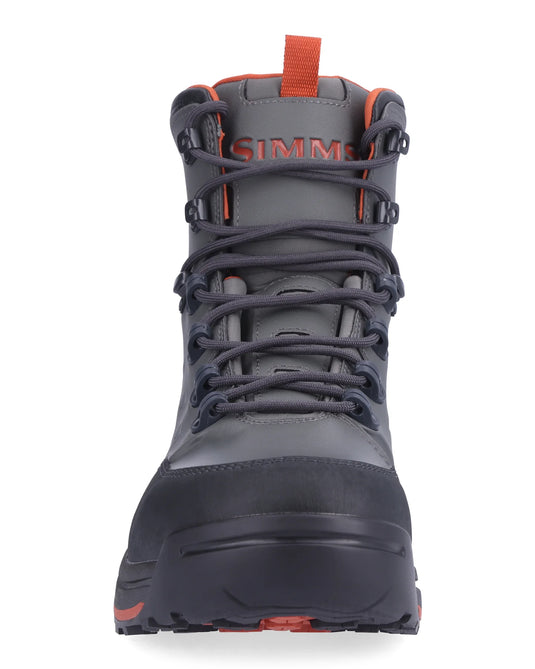 Simms Freestone boot front view, gray upper, lace-up closure, orange pull tab.