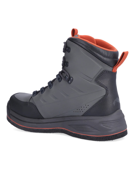 Men's felt boot side view, dark gray with orange interior and reinforced toe.