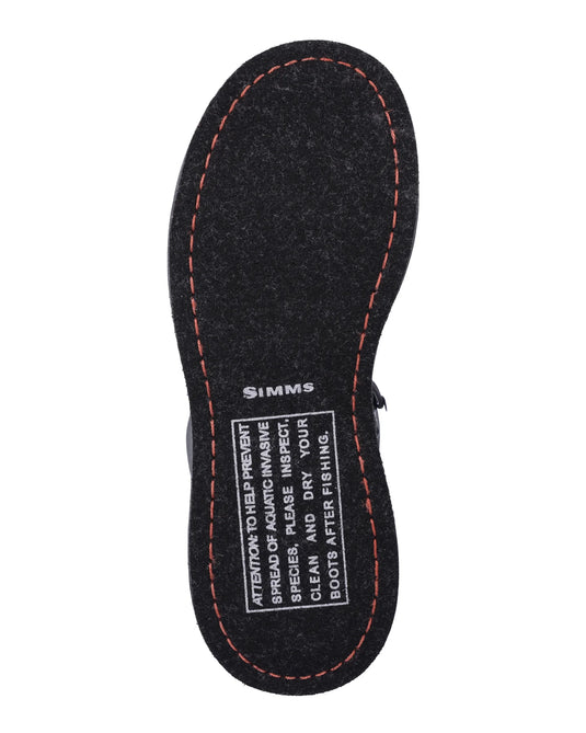 Felt boot insole with Simms care instructions text and orange stitching.