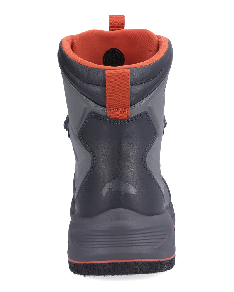 Load image into Gallery viewer, Men's felt boot back view, dark gray with orange collar and pull loop.

