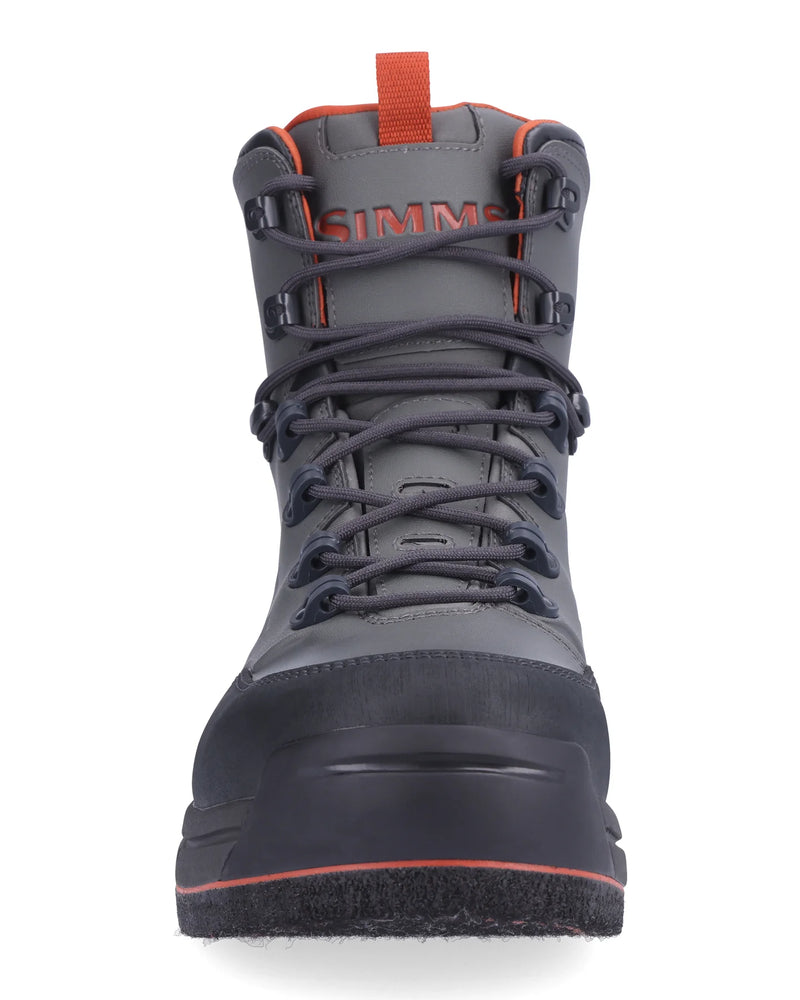Load image into Gallery viewer, Men's felt boot front view, dark gray with orange-lined collar and laces.
