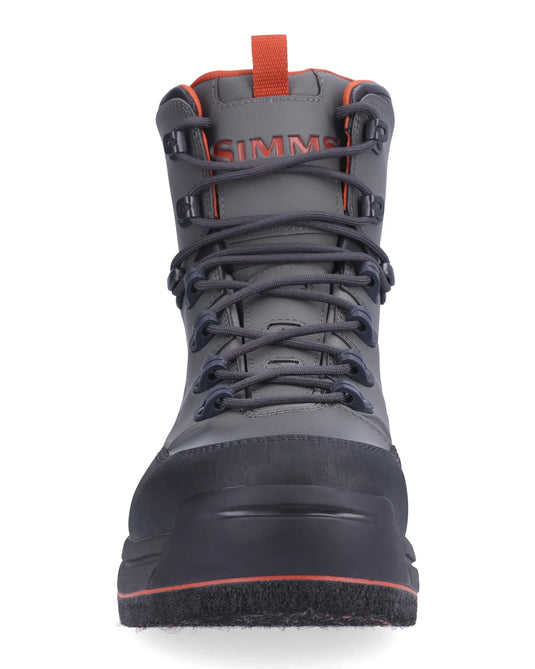 Men's felt boot front view, dark gray with orange-lined collar and laces.