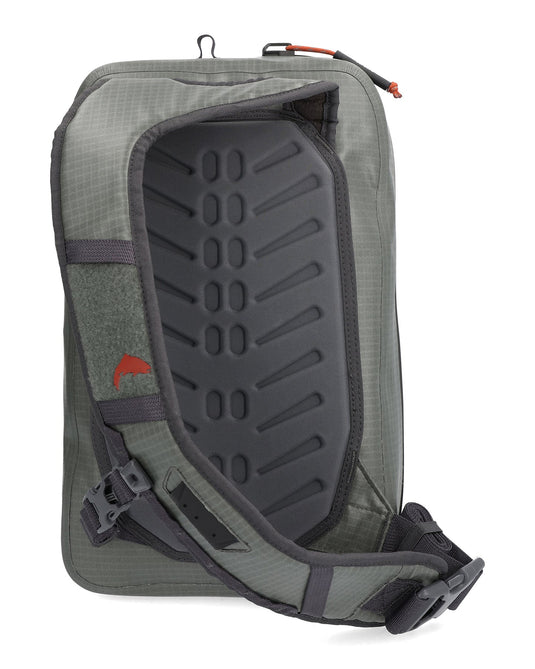 Olive-gray sling backpack open to show padded interior back panel