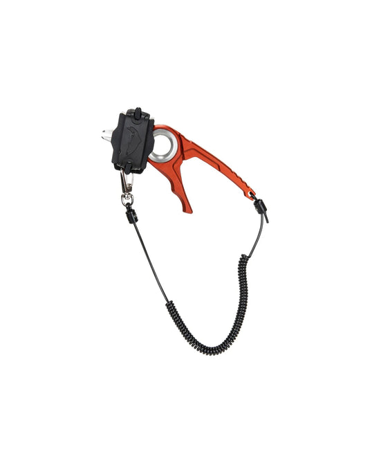 Red fly tying plier with black lanyard cords and side metal jaw tips