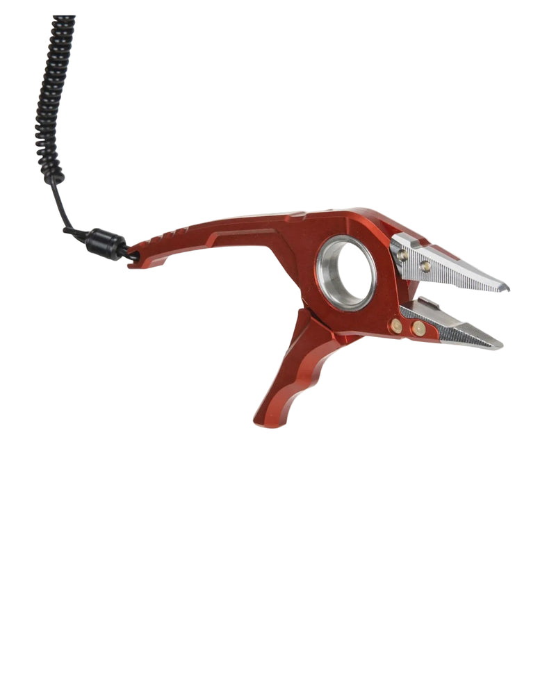 Load image into Gallery viewer, Red fly tying plier tool with black lanyard and metal jaws
