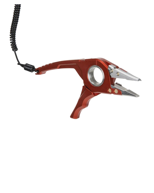 Red fly tying plier tool with black lanyard and metal jaws
