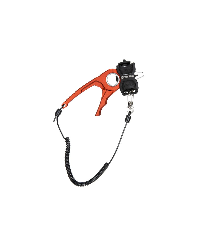 Load image into Gallery viewer, Orange-red fly tying plier with looped black coil cord and metal jaws
