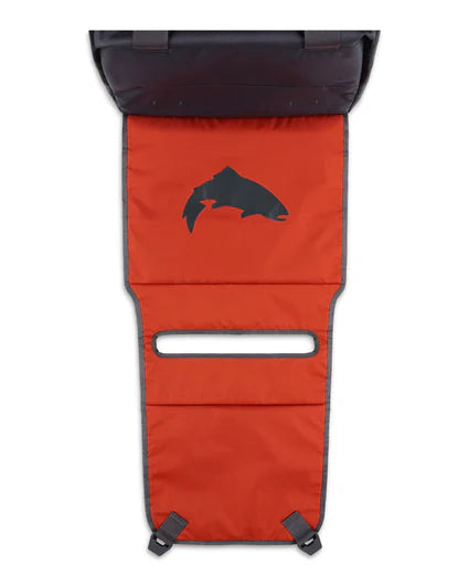 Load image into Gallery viewer, Wader tote, orange flap with black fish logo and top zipper
