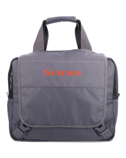 Load image into Gallery viewer, Simms Riverkit wader tote, gray with front logo and zip pocket
